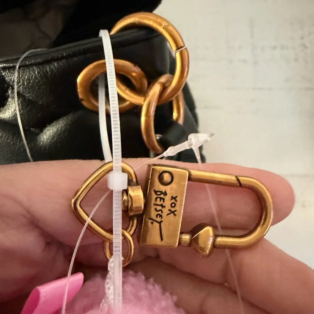 Betsey Johnson Xomia black heart quilted bag gold-tone hardware pink bear charm